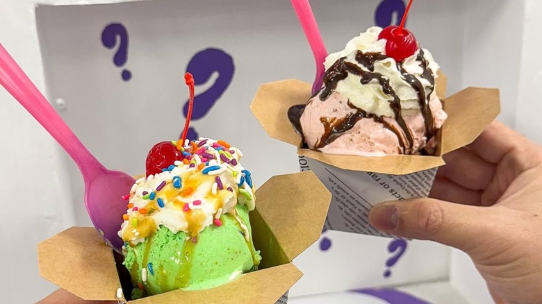Closeup of hands holding two servings of ice cream in front of purple and white background.