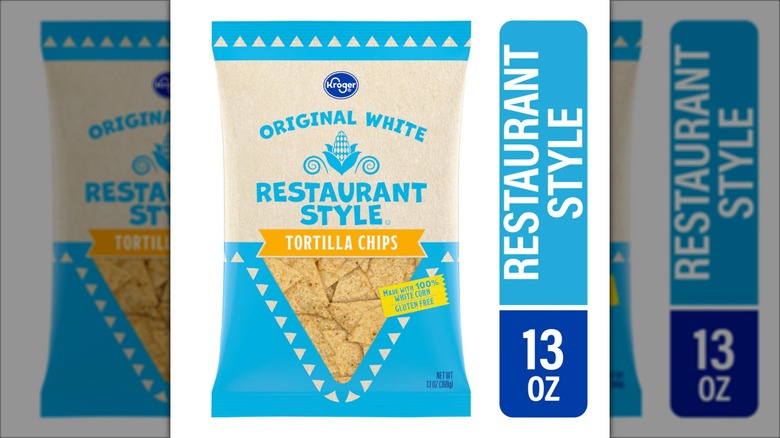 Bag of Kroger original white restaurant style tortilla chips.