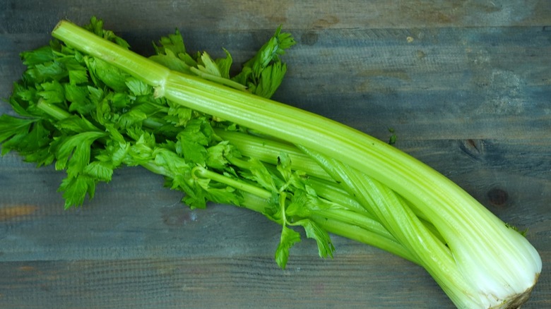 whole unit of celery with root, stems, and leaves