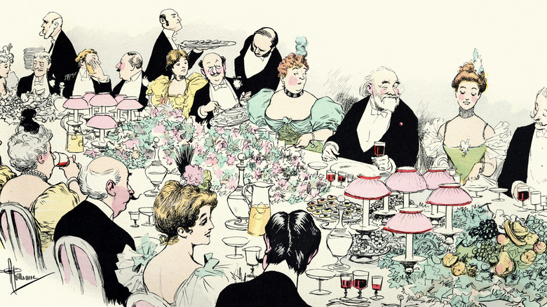 Guests sitting around Victorian dinner table, illustration, c. 1890