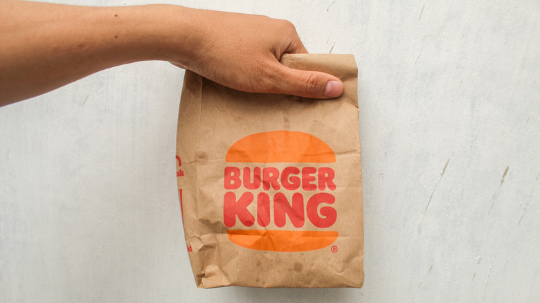 Hand holds Burger King bag against light background.