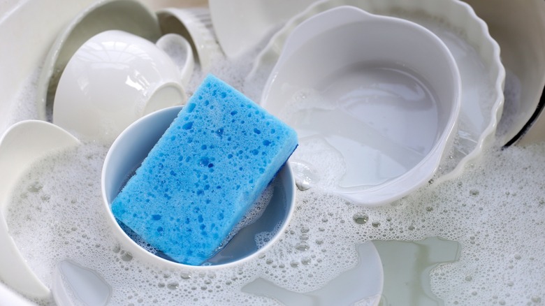 washing dishes with sponge and soapy water