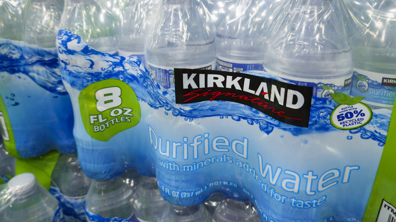 Closeup on plastic-wrapped package of Kirkland Signature bottled water