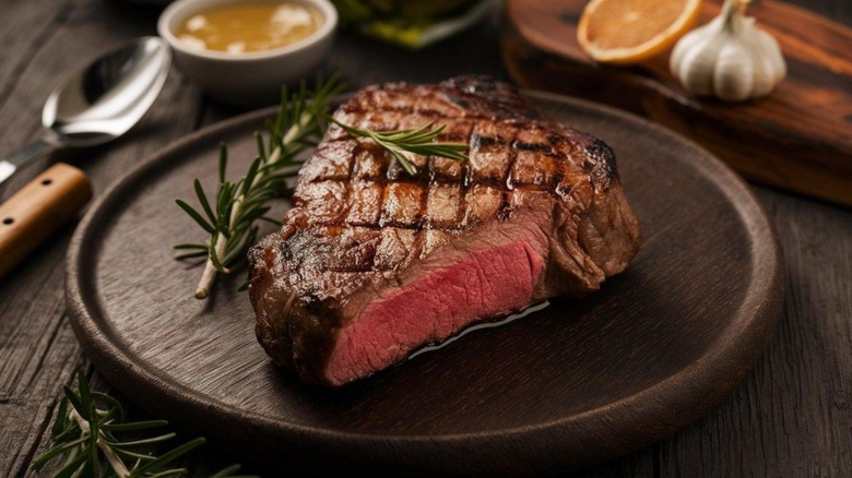 a steak cooked rare rests on a wooden plate