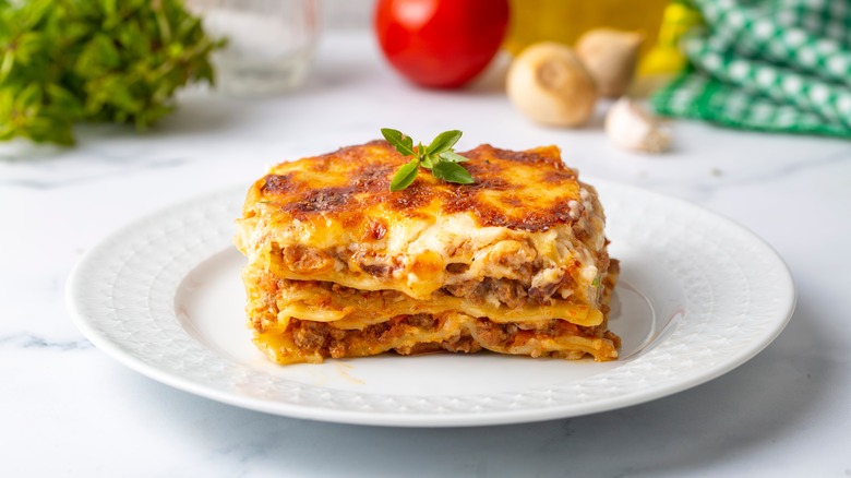 slice of lasagna served on plate