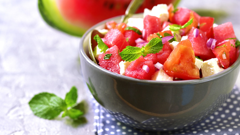 Closeup of watermelon feta cheese salad