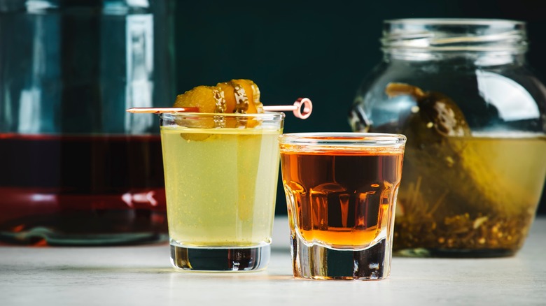 The pickleback: shots of whiskey and pickle juice