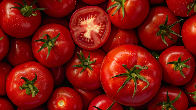 A top-down image of fresh red tomatoes.