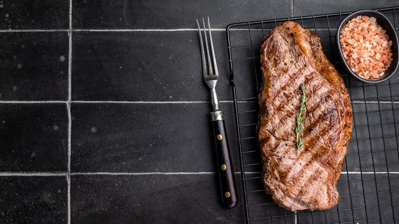 new york strip steak with pink sea salt