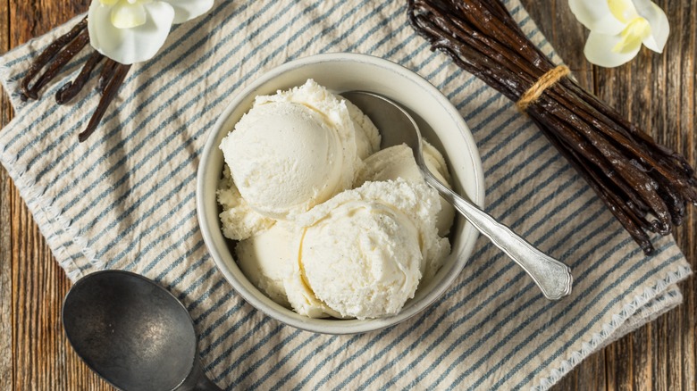 Two scoops of vanilla ice cream in bowl, overhead view.