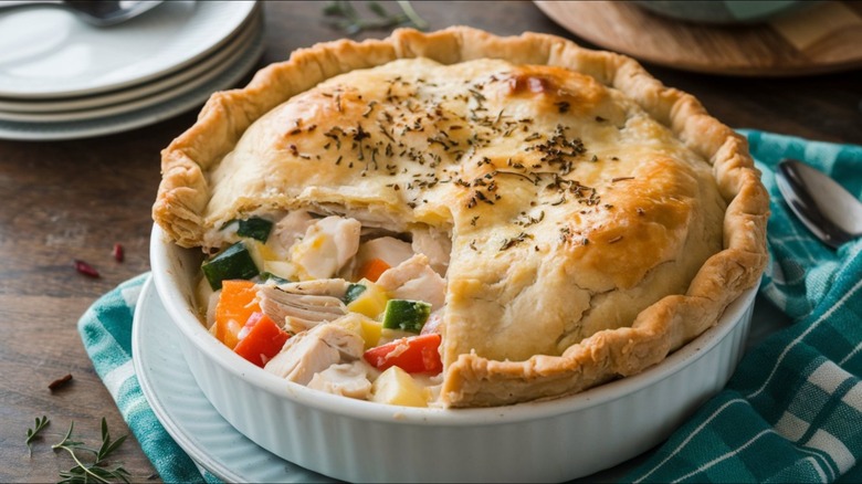 Pot pot with slice cut open to reveal chicken and vegetable filling.