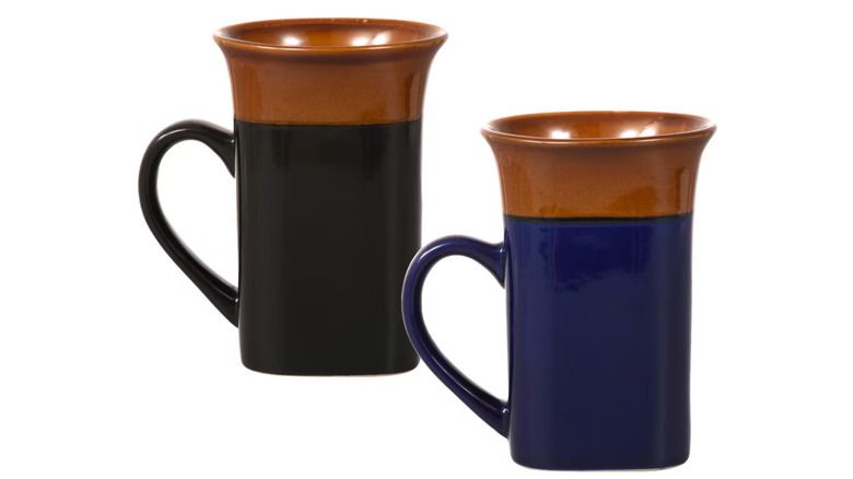 A set of two square blue mugs with brown tops from Dollar Tree
