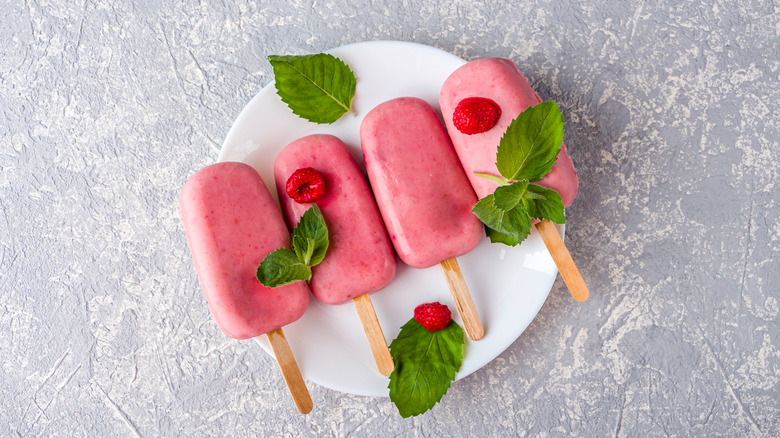 Homemade ice pops on a white plate with leaf and berry garnishes