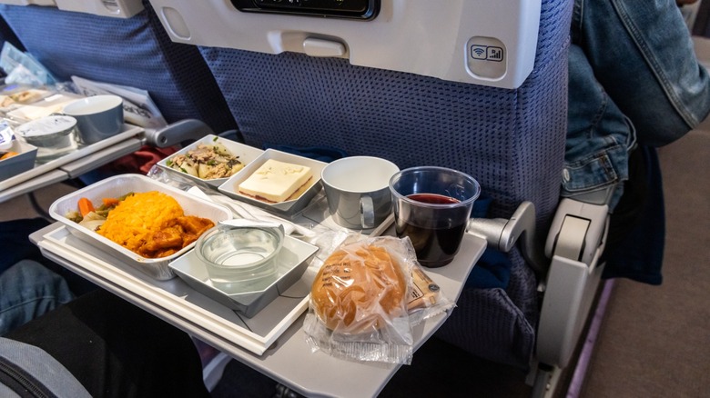 airplane meal on a seat-back tray