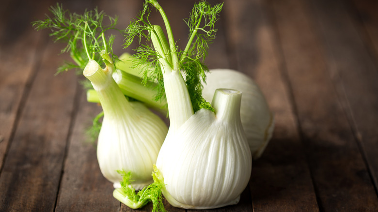 Fresh fennel bulbs on wood surface