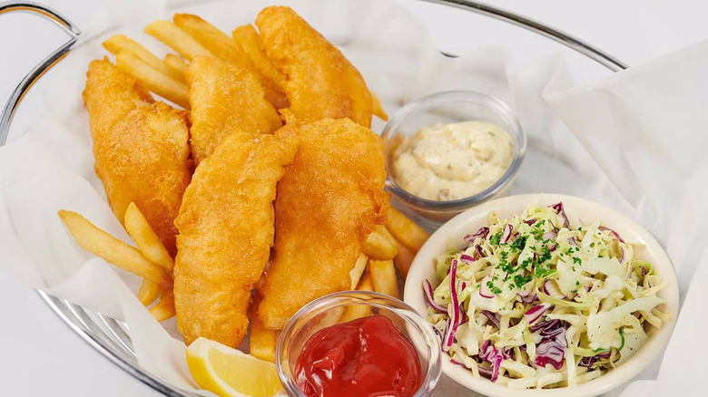 Platter of fish and chips with coleslaw