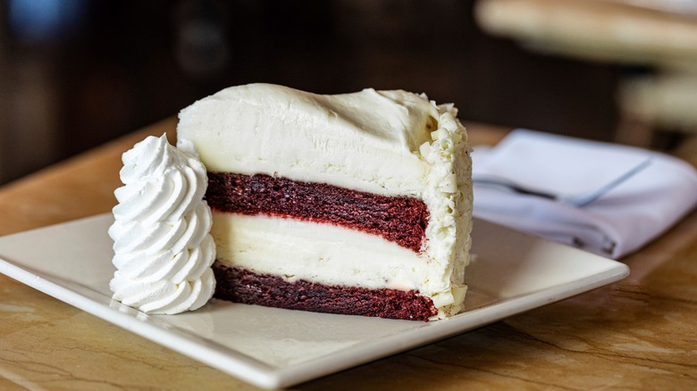 Slice of red velvet cheesecake