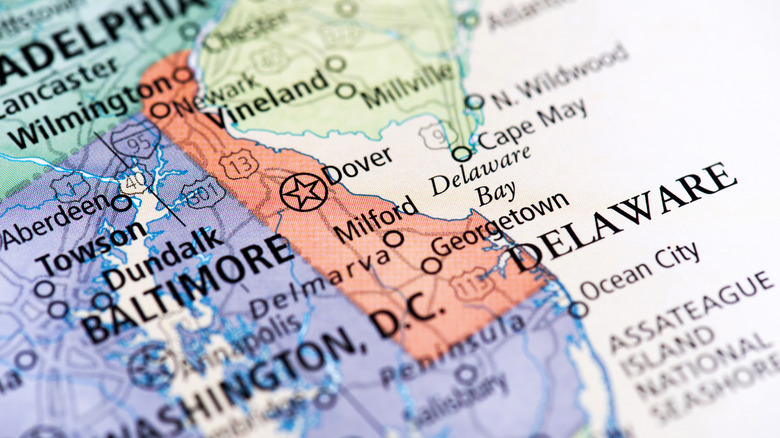 Closeup of Delaware on a map