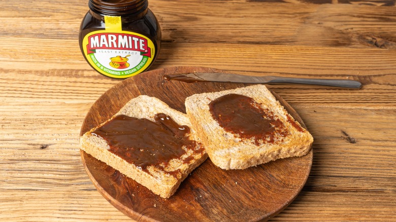 marmite spread with toast and butter knife