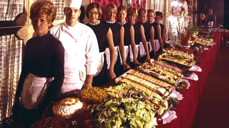 Vintage buffet with staff.