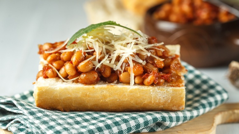 baked bean sandwich on crusty white bread with cheese