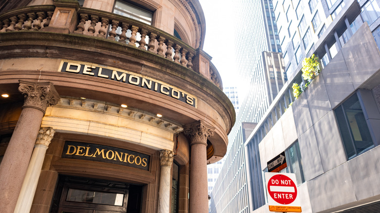 Exterior facade of Delmonico's steakhouse in New York City.
