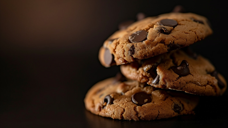 closeup of three chocolate chip cookies stacked on a dark brown background