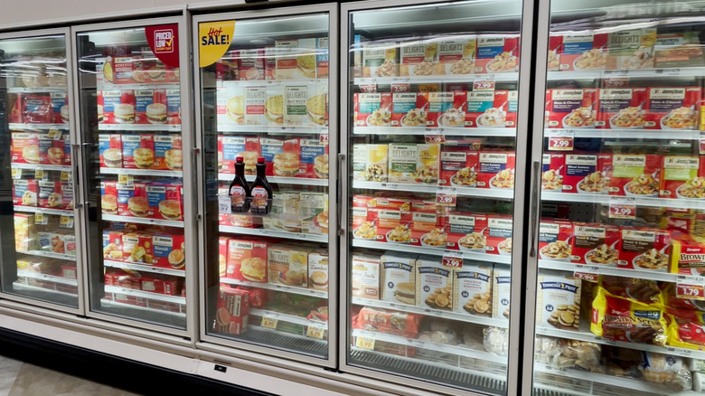 Frozen breakfast aisle at grocery store.