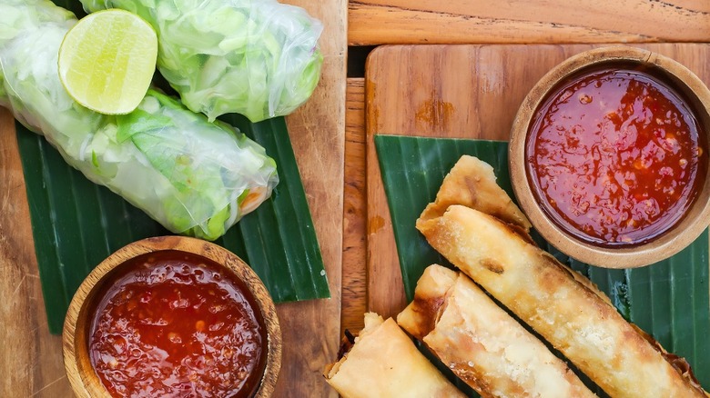 Cold and fried spring rolls with dipping sauces