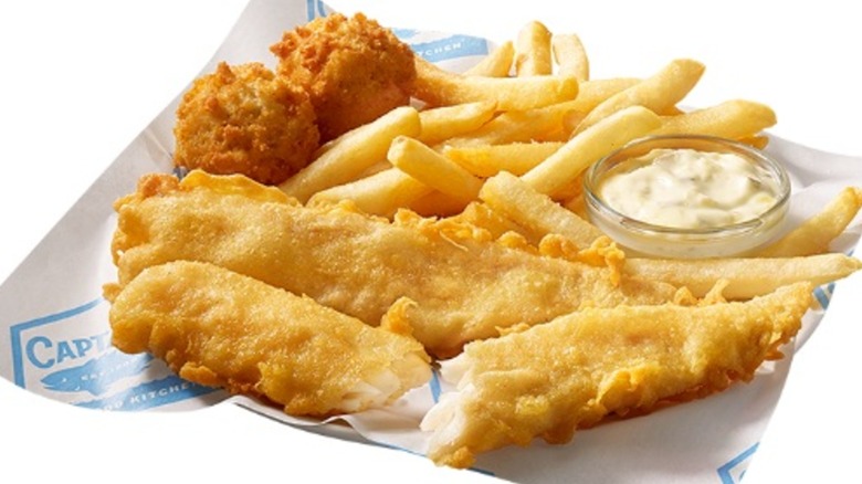 Two pieces of fried fish with fries from Captain D's