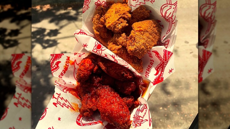 A close-up of fried chicken wings from Mothers Best