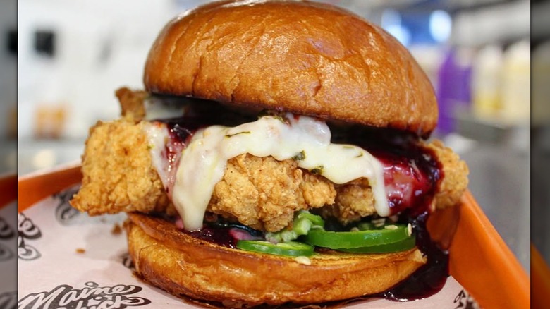 Close-up of a fried chicken sandwich from Maine Chick