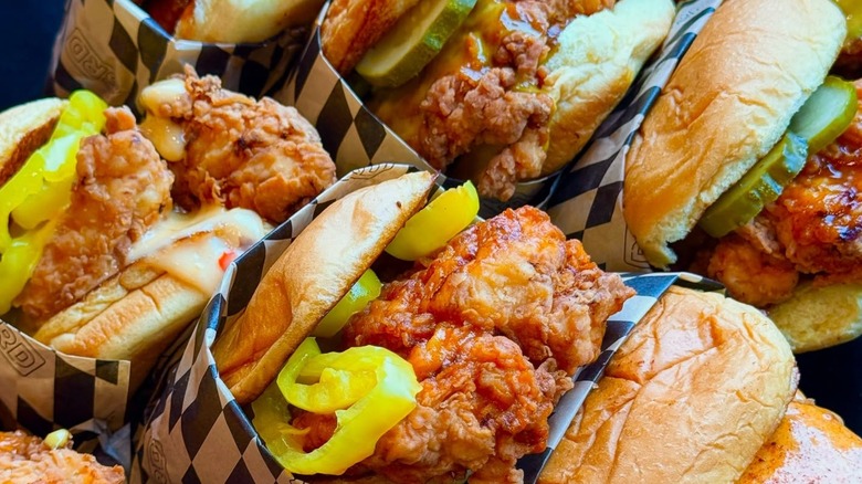 A tray of fried chicken sandwiches from BRD