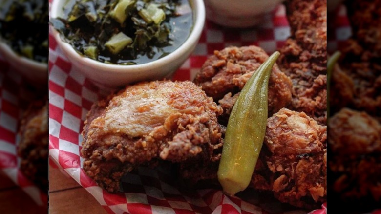 A plate of fried chicken and sides from Roost Fried Chicken