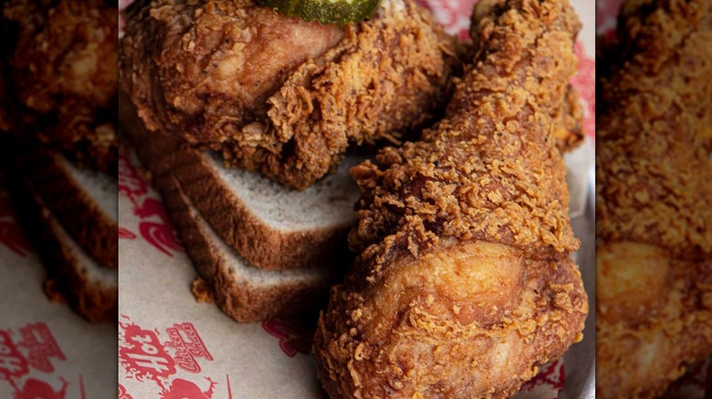 A close-up of fried chicken from Rocky's Hot Chicken Shack