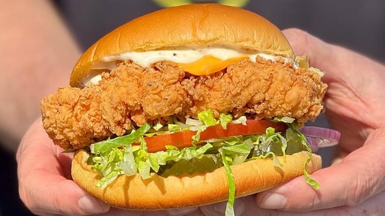 Someone holding a fried chicken sandwich from Honeybird