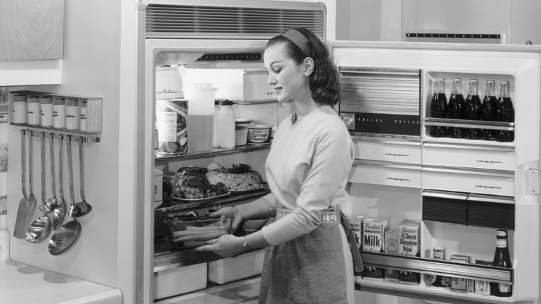 A young housewife standing in front of the refigerator