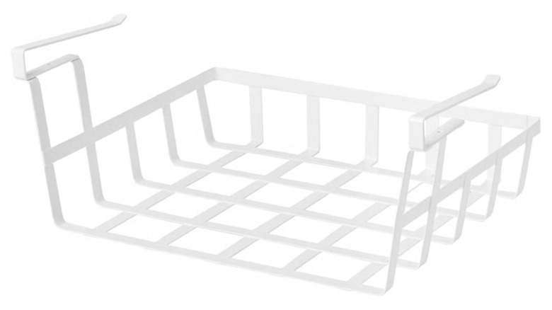 white clip on basket for hanging under shelves