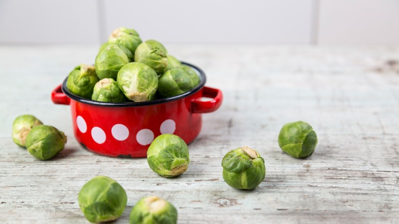 fresh brussels sprouts in a small pot