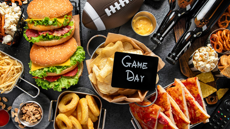 overhead shot of food spread for super bowl party