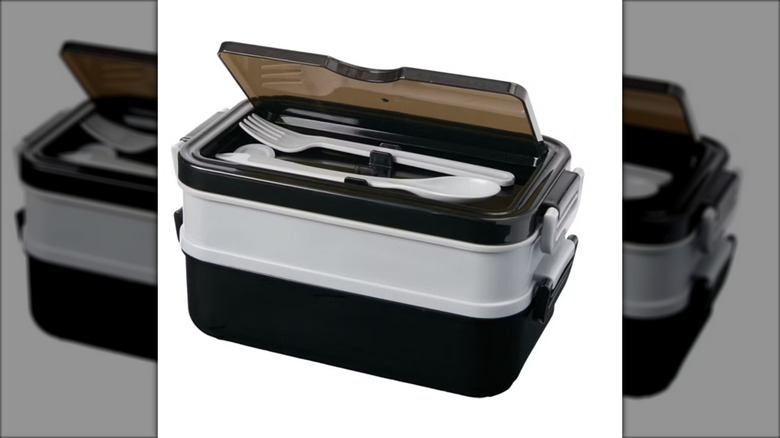 black and gray aldi brand bento box with utensils