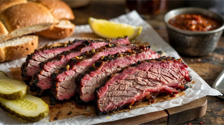 perfect brisket served with pickles and bread