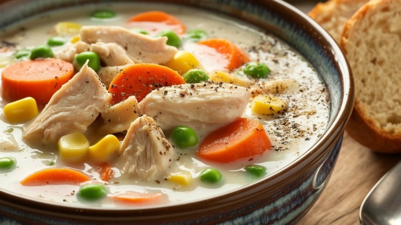 chunky chicken pot pie soup with veggies