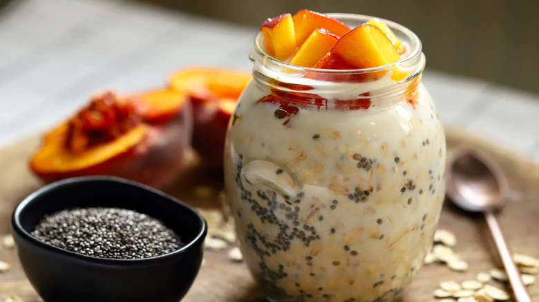 Overnight chia seeds and oats with peaches