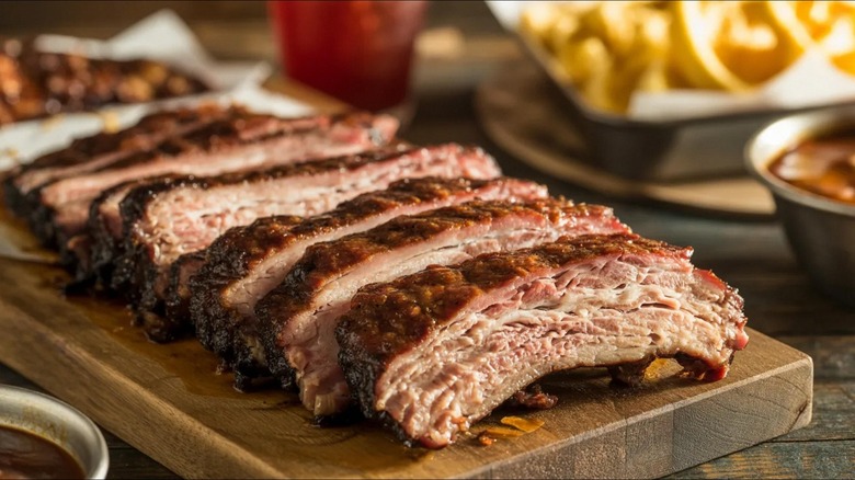 bbq ribs on wooden board