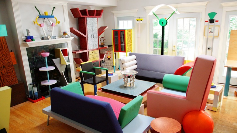 Living room with furniture and décor inspired by Memphis design style.