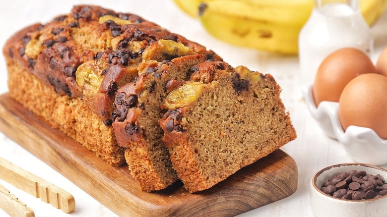 chocolate chip banana bread on a cutting board