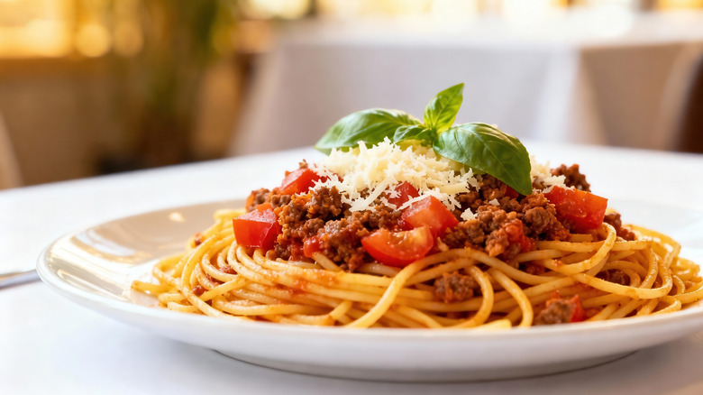 A plate of spaghetti with parmesan, meat, and tomatoes
