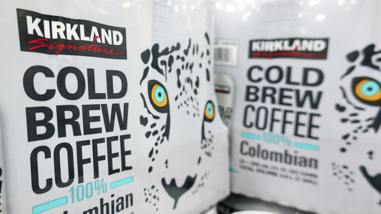 Boxes of Kirkland Signature Colombian Cold Brew Coffee closeup, 2025