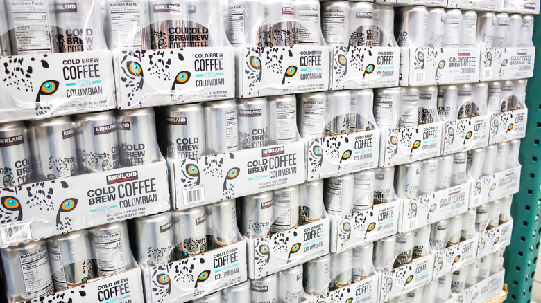 Cases of Kirkland Signature cold brew coffee cans, 2020